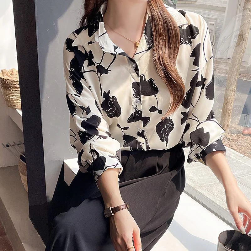 

Blusas Mujer French Vintage Rose Print Fall Shirts for Women Long Sleeve Blouses Elegant Tops Girl Roupas Femininas Camisas