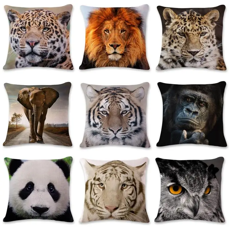 

World Portrait Cushion Cover Polyester Tiger Lion Pillowcase Home Decorative Geometric Pillow Cover for Sofa