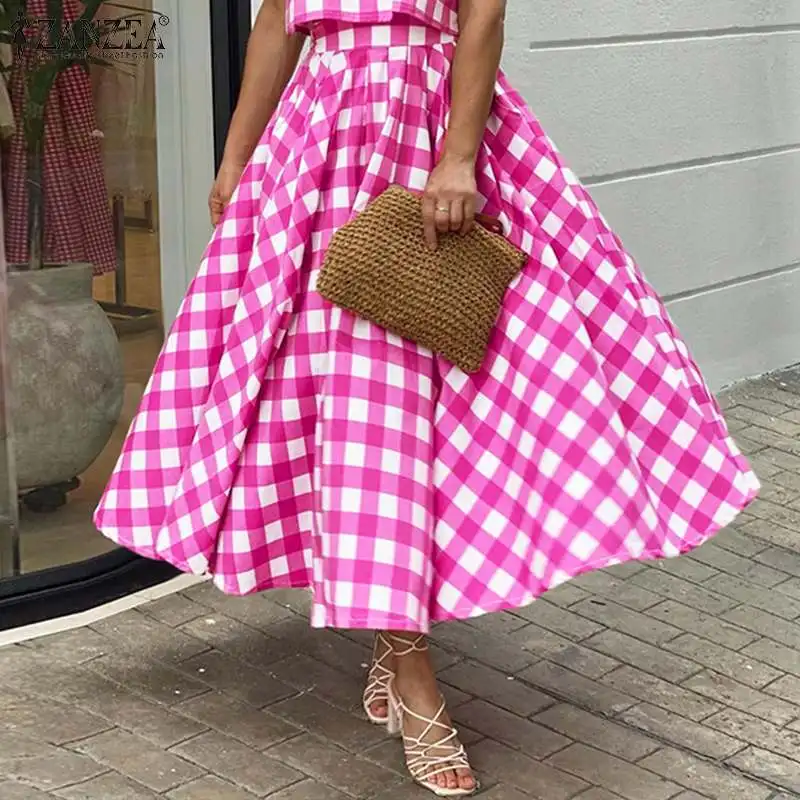 

Women Vintage Retro Plaid Skirts Oversized Female Bottoms ZANZEA 2022 Spring Summer Maxi Long Skirts Casual Elastic Waist Skirts