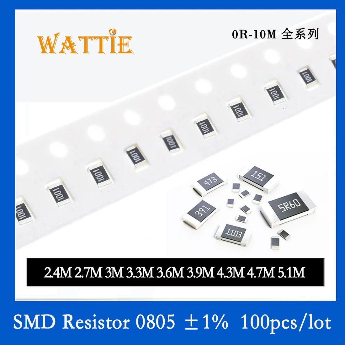 

SMD Резистор 0805 1% M 2,4 M 3M 2,7 M 3,3 M 3,6 M 3,9 M 4,3 M 4,7 M 5,1 M 100 шт/Лот чиповые резисторы 1/8W 2,0 мм * 1,2 мм