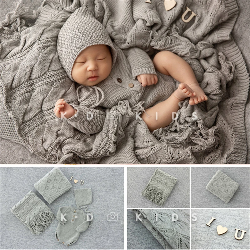 Newborn Baby Photography Props Cute Knitting Outfits Hats Wrap Tassel Blanket Backdrop Fotografia Studio Shooting Photo Props enlarge