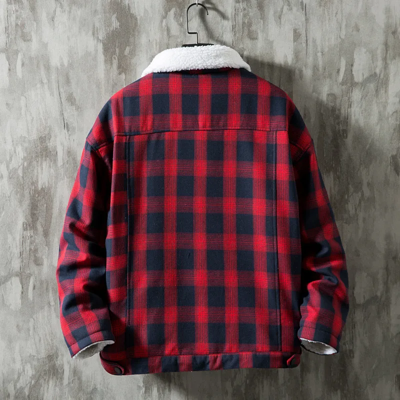 Plaid Thickened Imitation Lamb Wool Warm Jacket Korean Version Fashion Loose Plus Fat Plus Size Plus Velvet Winter Coat Men