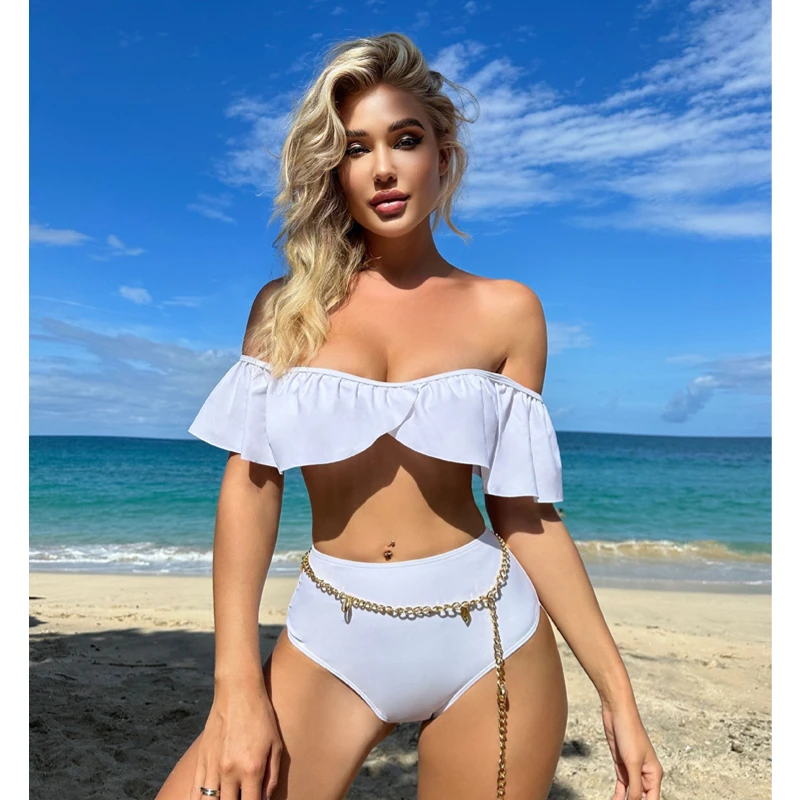 

Women's Off Shoulder Ruffle Trim Bikini Set 2 Piece Swimsuits Sexy Bathing Suits