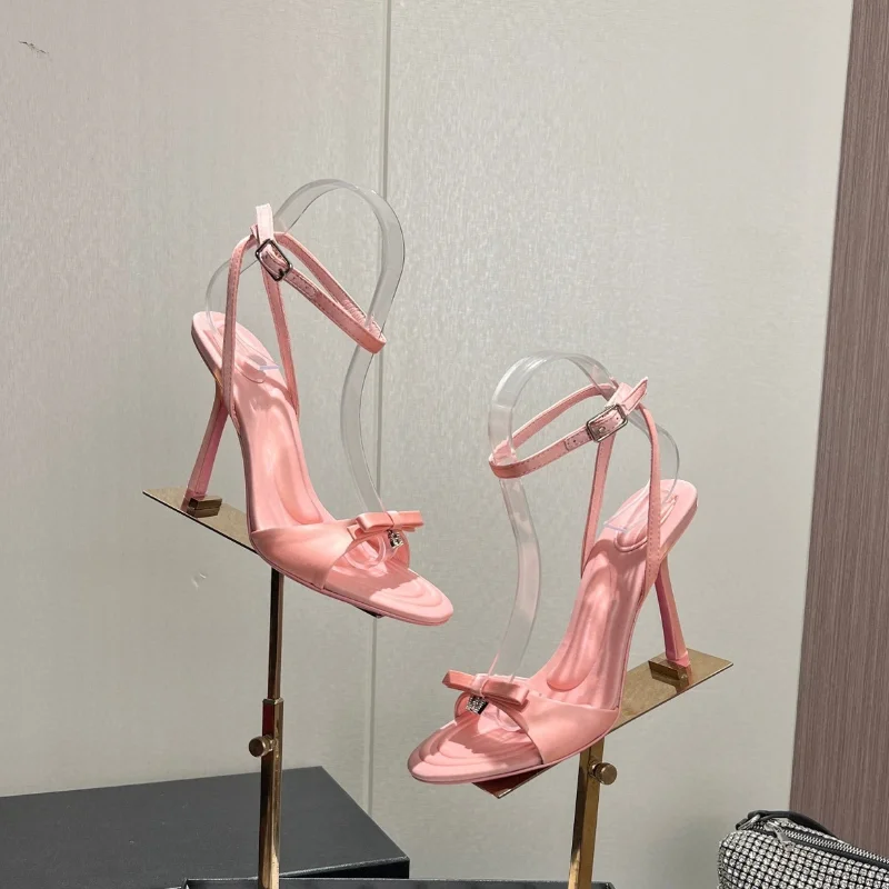Women's Sandals 2023 Summer New Fashion Banquet Rhinestone Letter Buckle Bow High Heel Sexy Slim Heel Open Toe Roman Shoes