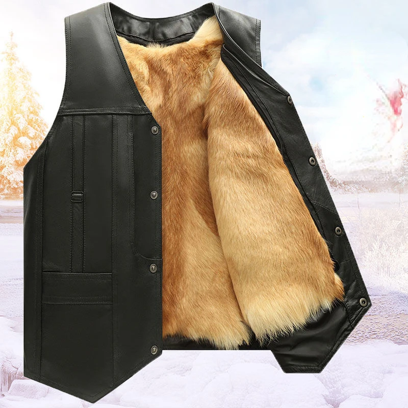 

Men' Sleeveless Vest Jackets Autumn Winter Vest Male Genuine Leather Fleece Vests Coats Men Warm Black Waistcoats Clothing E195