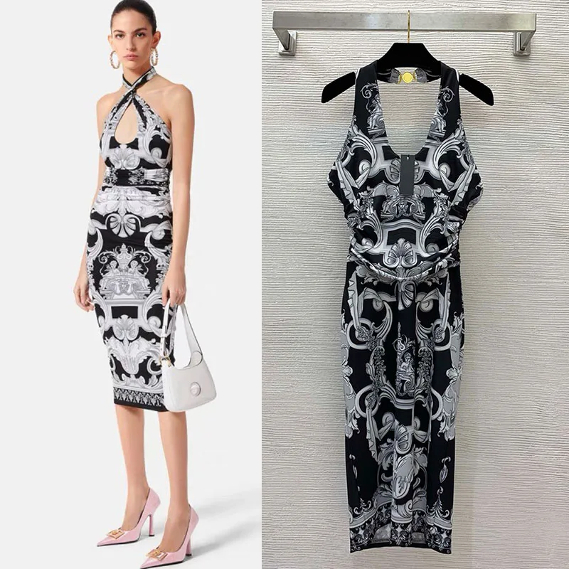 

Luxury Designer Dresses for Women High End branded Vintage Print Halter sexy Backless Slim Fit Party sexy Dress Woman Dresses