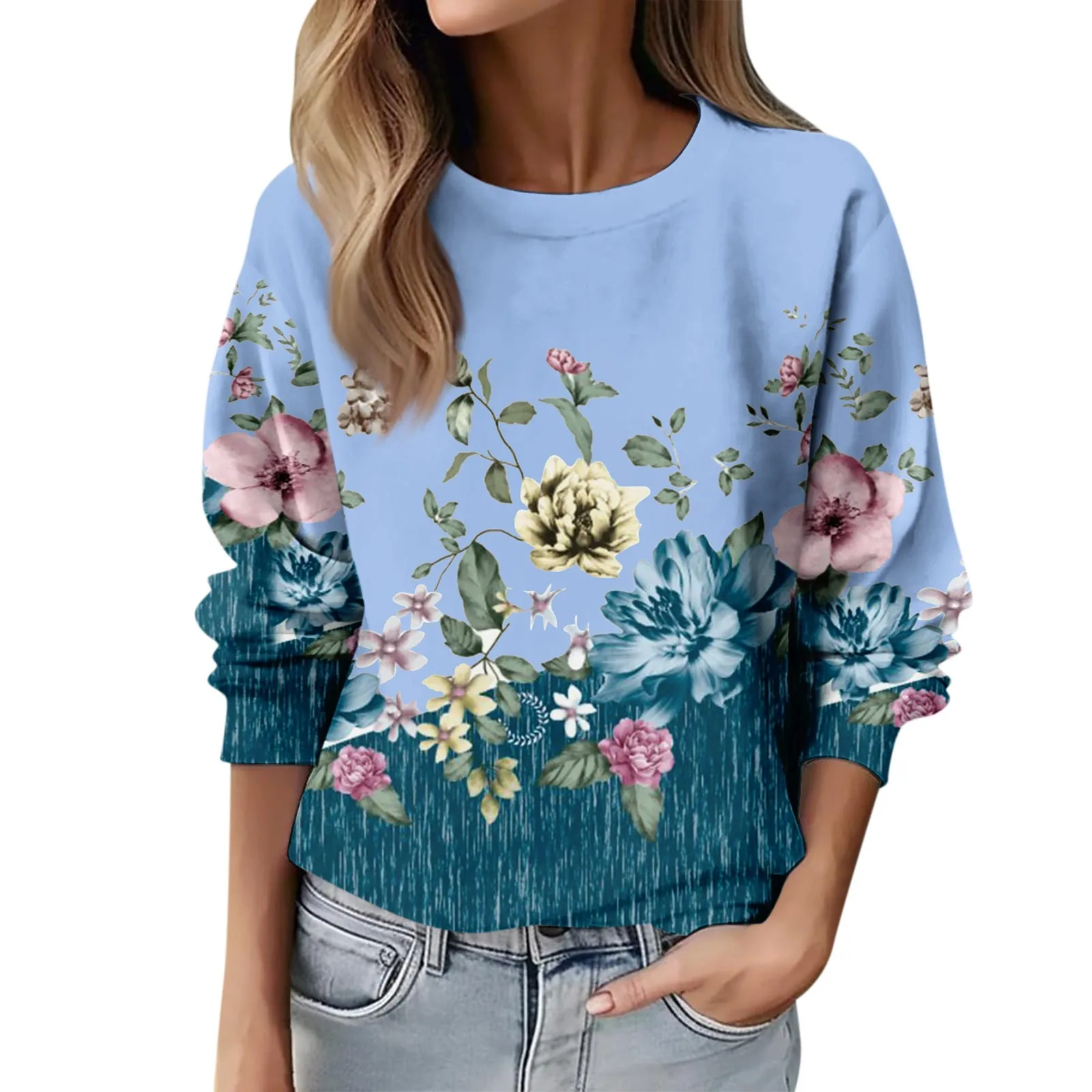 

Женский свитшот с длинным рукавом, Повседневный пуловер с круглым вырезом и цветочным принтом для активного отдыха, осень