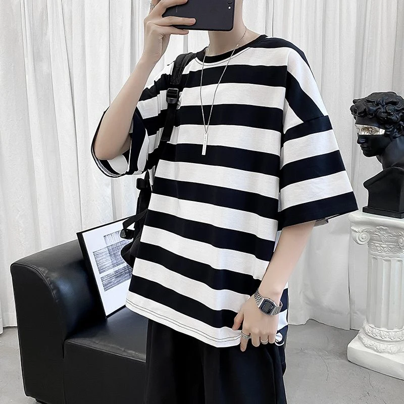 

Summer Striped Print Short Sleeve O Neck Men T Shirt Korean Fashion Loose Harajuku All-match Oversized Punk Clothing High Street