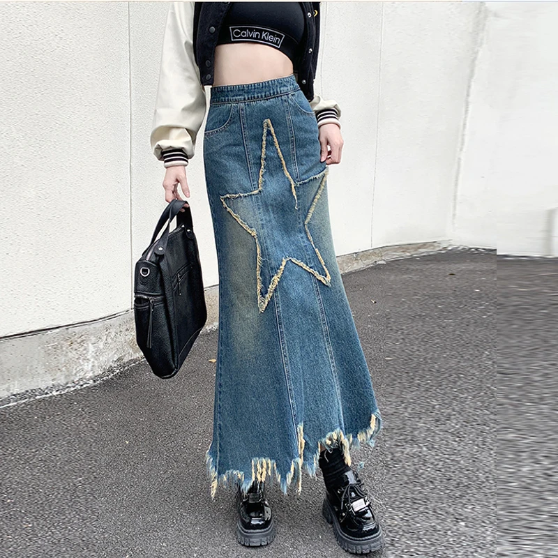 

Женская джинсовая юбка до колен, длинная ковбойская юбка-макси в готическом стиле со средней талией и карманами, с бахромой, корейская мода