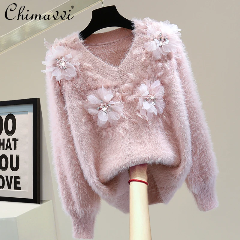 

High-End Beaded Flower Sweater 2022 Spring Clothes New Fashion Elegant V-neck Loose Retro Slimming Elegant Pullover Knitted Top