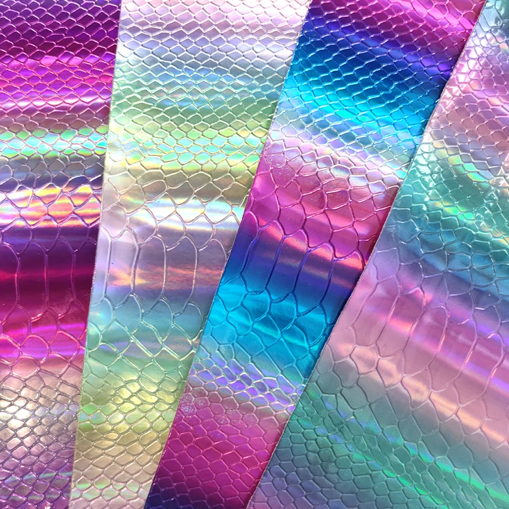 

Laser Rainbow Snake Skin Embossed Pattern Vinyl Fabric with Holographic Leather Effect Fabric Sheets for Luggage Bag DIY Craft