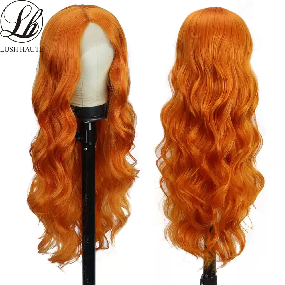 

Ginger Orange Body Wave Lace Wigs 26 Inches Synthetic Natural Color Middle Part 613 / Burgundy/ Ombre Blonde Wig for Women