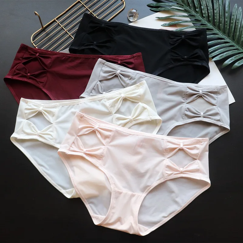 

Bowknot Hollow Out Mid Rise Women's Underwear Women Ice Silk Hip Lifting Comfortable Women's Pants Solid Color Thin Sexy Panties