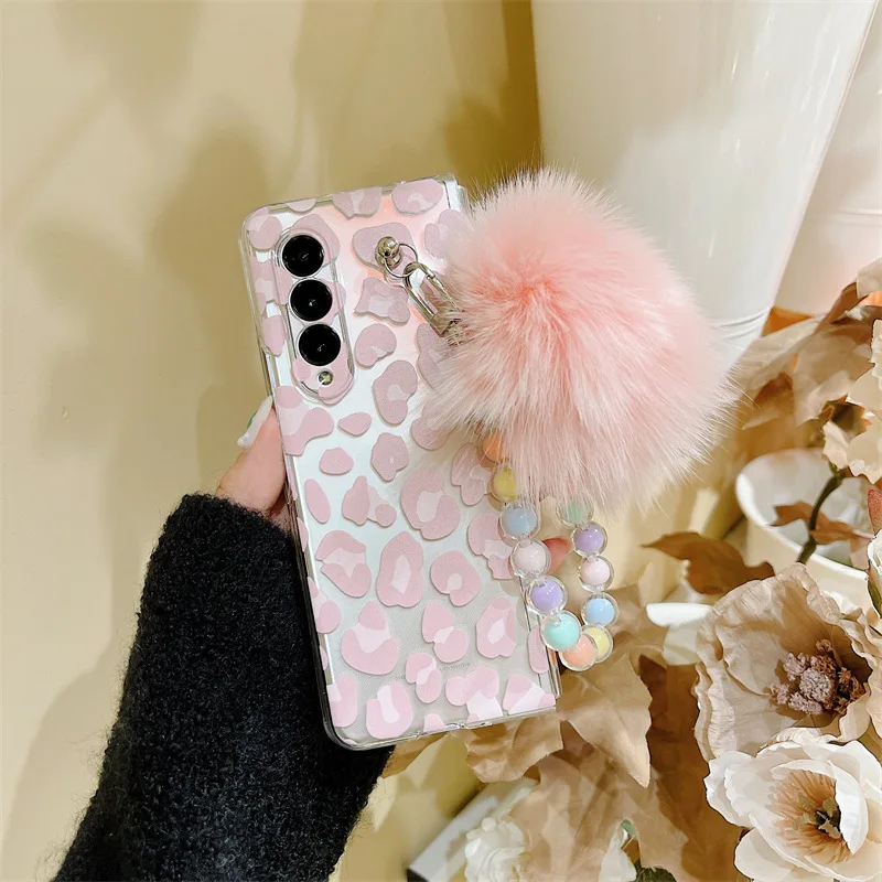 

Leopard Plush Ball Anti Falling Protective for Samsung Galaxy Z Fold 3 5G Hard PC Back Cover for ZFold 3 Case Protective Case