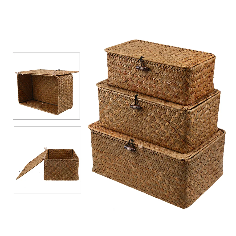 

Basket Storage Woven Baskets Wicker Box Lid Seagrass Rattan Organizer Seaweed Bins Desktop Shelf Container Bin Lids Hyacinth