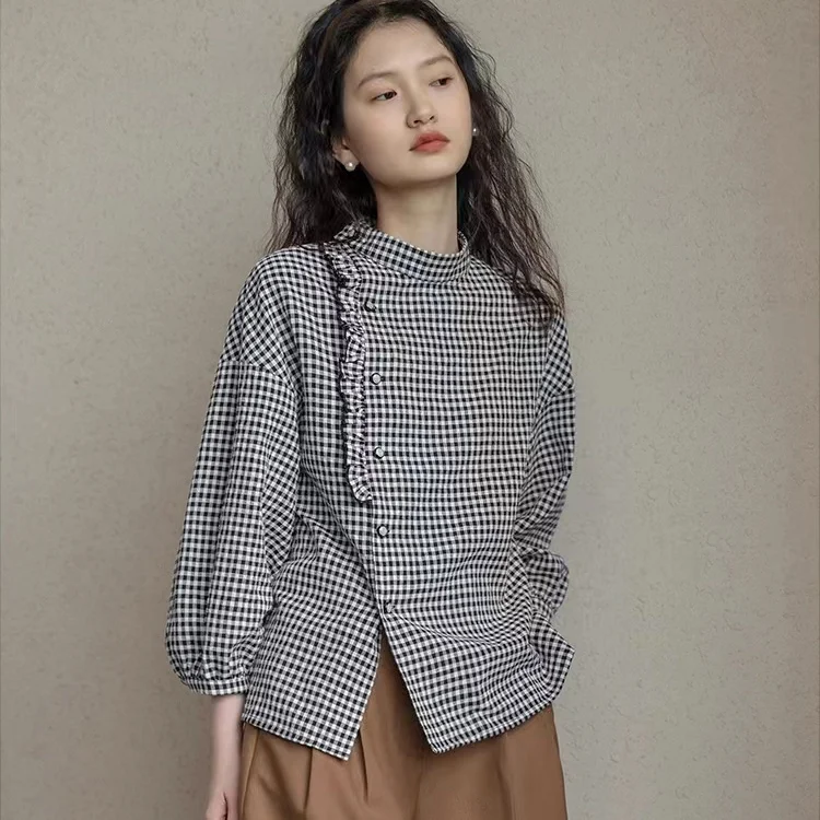 

2023 Autumn Spring Blouse Women Nine Quarter Casual Shirts Vintage All-match Girls Tops Harajuku Mori Girl