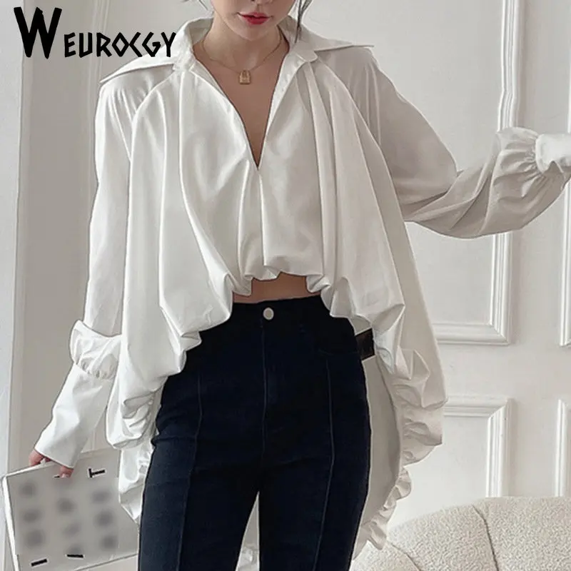 

2023 осень y2k Новый стиль повседневные Асимметричные однотонные асимметричные блузки с отложным воротником и длинными рукавами-фонариками женская одежда