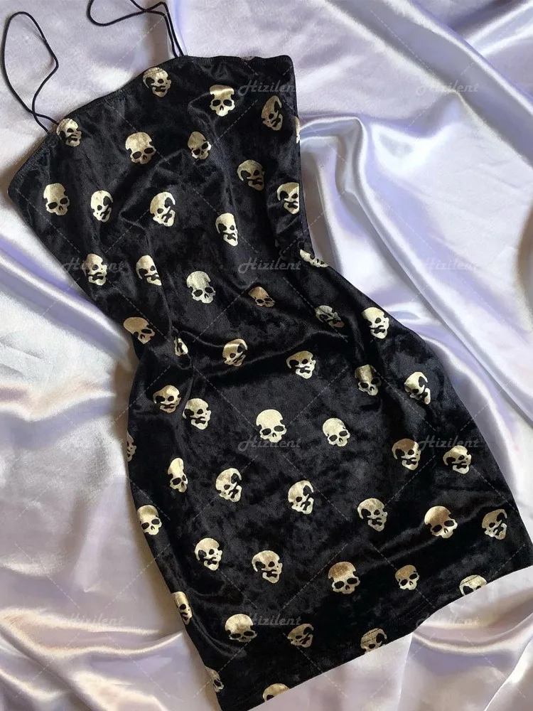 Y2K Summer dress A-line Sexy Slim Spaghetti Strap Mini Hot Goth Black skull printed Vintage Streetwear Punk Bodycon Dress Women 1 Y2K Summer dress A-line Sexy Slim Spaghetti Strap Mini Hot Goth Black skull printed Vintage Streetwear Punk Bodycon Dress Women 1