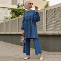 2 piece pants set muslim women 2022 solid splicing suit middle east turkey dubai islamic tunic eid two modest arabian clothing