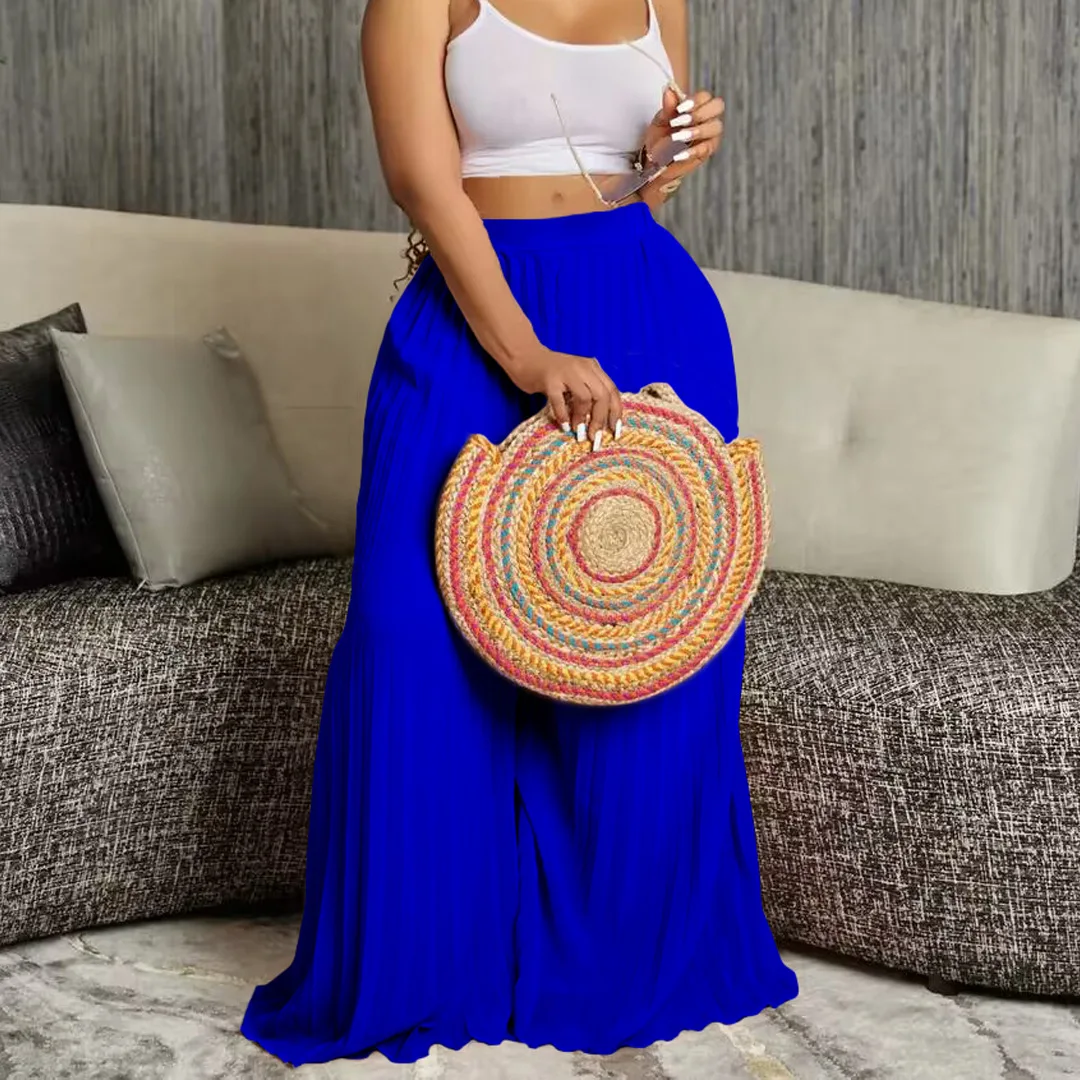 Plus Size Wide Leg Pants Women Pleated Ruffle Formal Fashion Trouser Office Lady Outfits 2023 Summer Female Elegant Long Pants