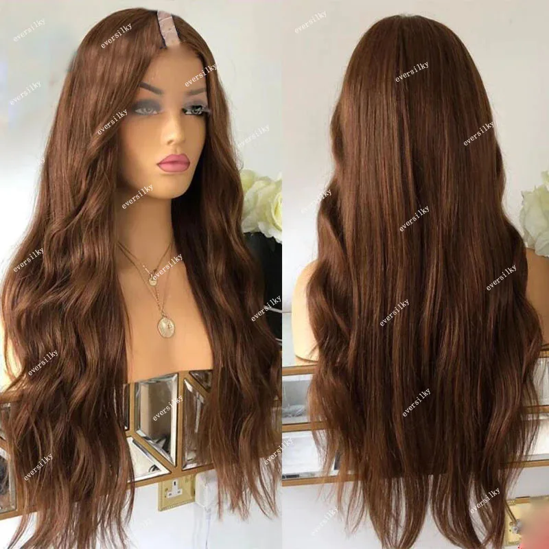 Light Auburn Brown Glueless Loose Wave V Part Wig Remy 100% Human Hair Body Wavy U Shape 250Density Full Machine Made Half Wigs