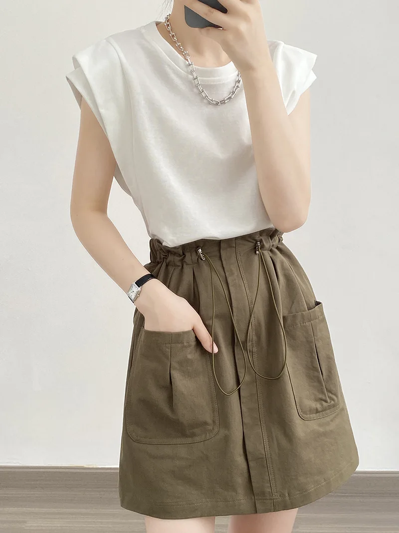 

Летняя женская футболка без рукавов с круглым вырезом, минималистичный и шикарный дизайн в однотонных расцветках для удобного и стильного образа