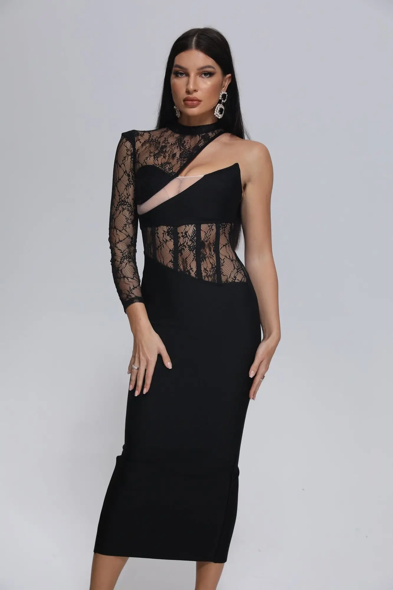 

New Fashion 2023 Sexy Temperament One-shoulder Lace Patchwork Nightclub Bandage Dress Women's Birthday wholesal