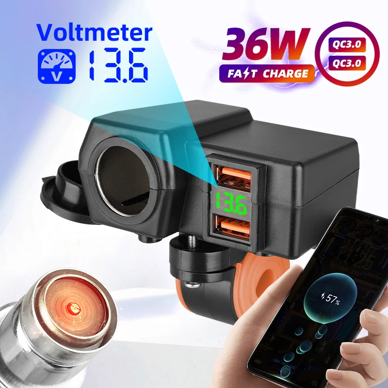 

Motorcycle Waterproof Usb Mobile Charger With Toggle Switch Cigarette Lighter Port Socket Voltmeter 36W QC3.0 Fast 12V Adapter