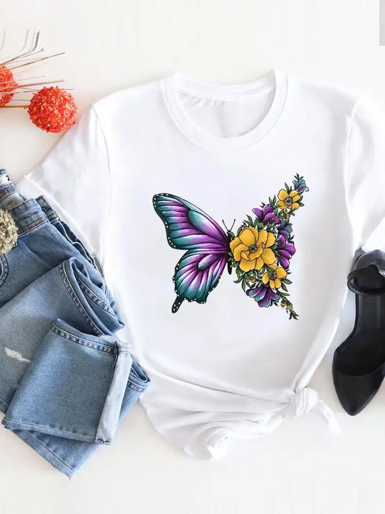 

Женская футболка с круглым вырезом, коротким рукавом и цветочным принтом