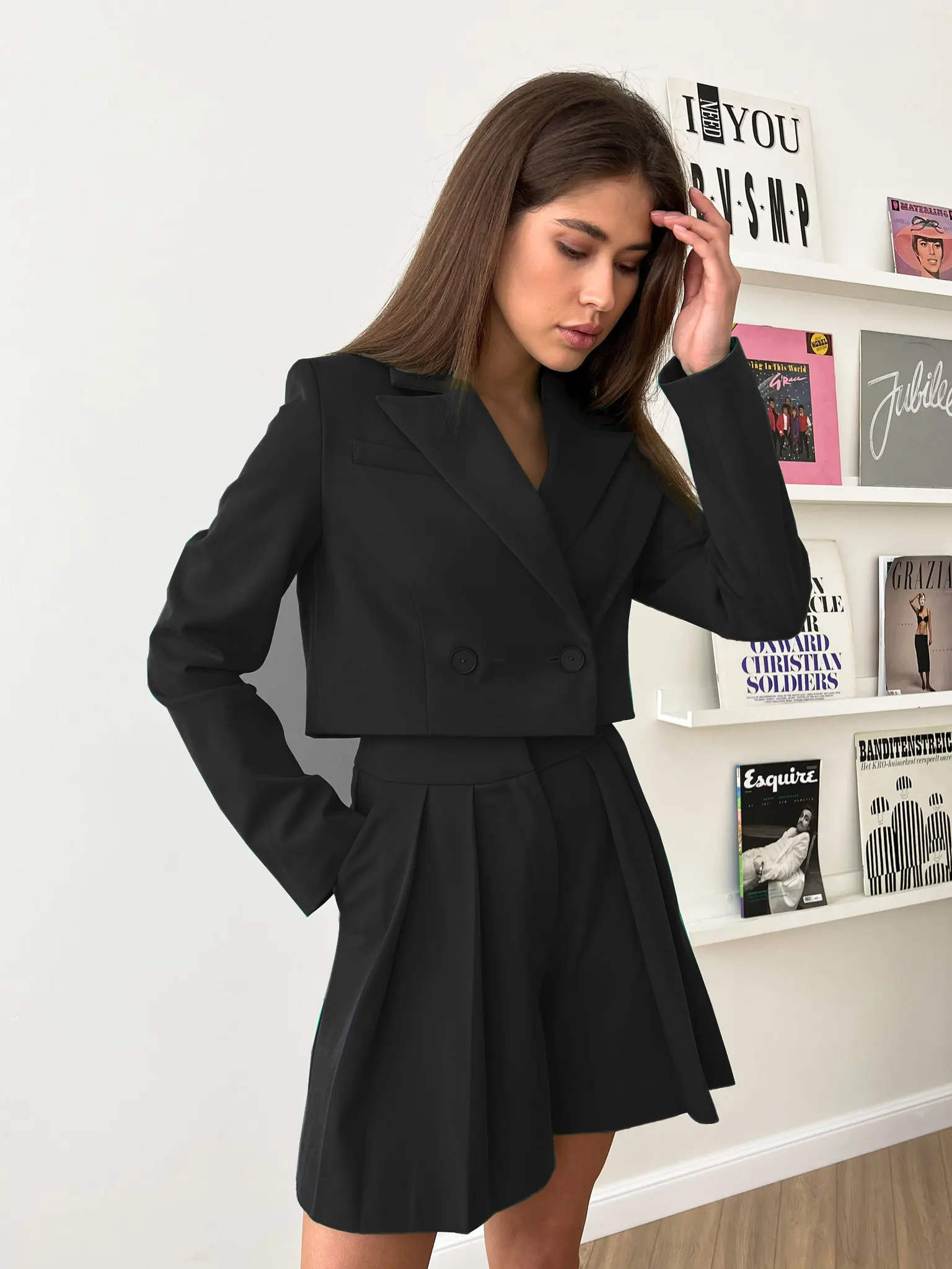 

Женский элегантный Блейзер и плиссированные шорты зеленые шикарные костюмы из 2 предметов с английским воротником шорты наряд