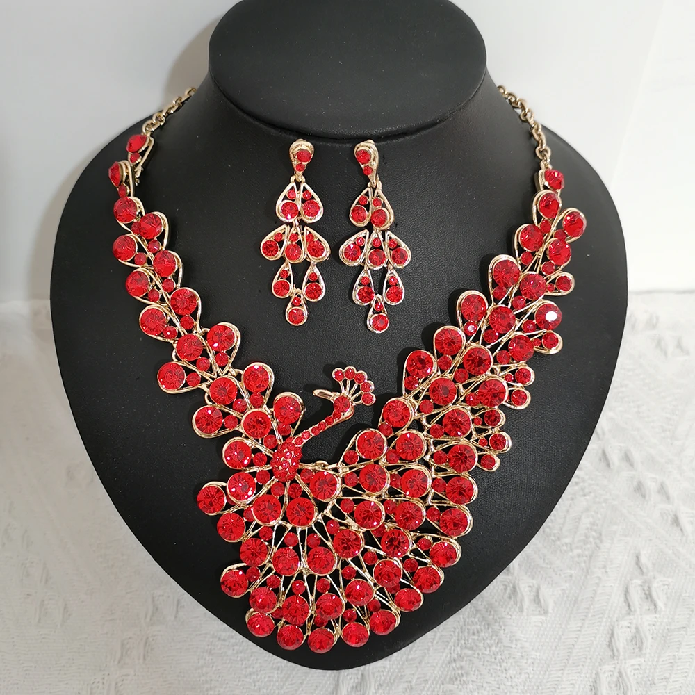 

Luxurious Peacock Bridal Jewerlry Sets Red Drop Earrings Indian Statement Necklace Set Wedding Party Costume Jewellery for Women