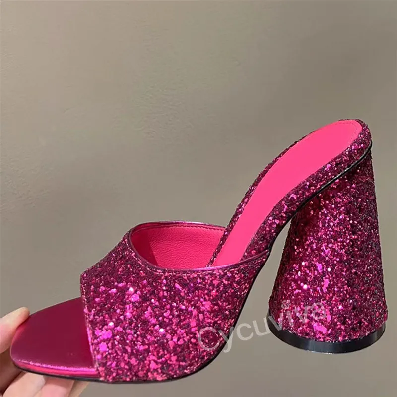 

2022 Summer Round High Heels Slippers Women Bling Bling Rhinestones Open Toe Runway Slides Sexy Party Banquet Mules Shoes Woman