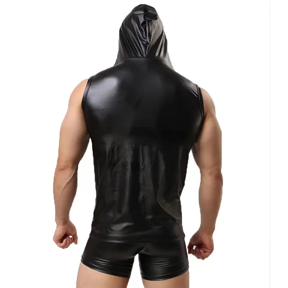 

Mens Undershirt Sexy Faux Leather Sleeveless T-Shirt Breathable Singletss Hooded Vest Top Tee Shirt Hoodie Dance Costume