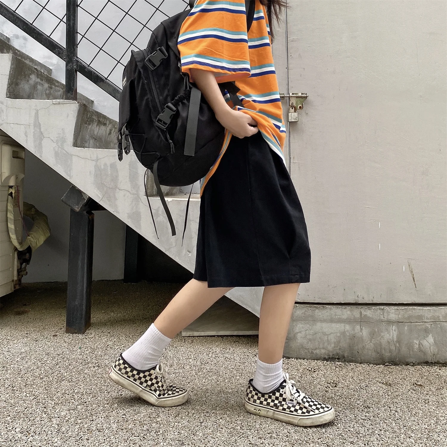 Women's Harajuku Oversize Khaki Cargo Shorts Women Japanese Style Streetwear Wide Leg Knee Length Pants Hippie Black Trousers