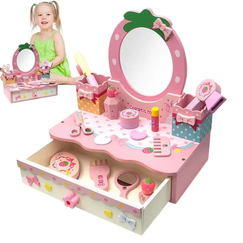 

14PCS Wooden Dresser Makeup Toy Kit With Mirror Pretend Play Toy For Girls Simulation Makeup Educational Toys Set For Kids 3 to7