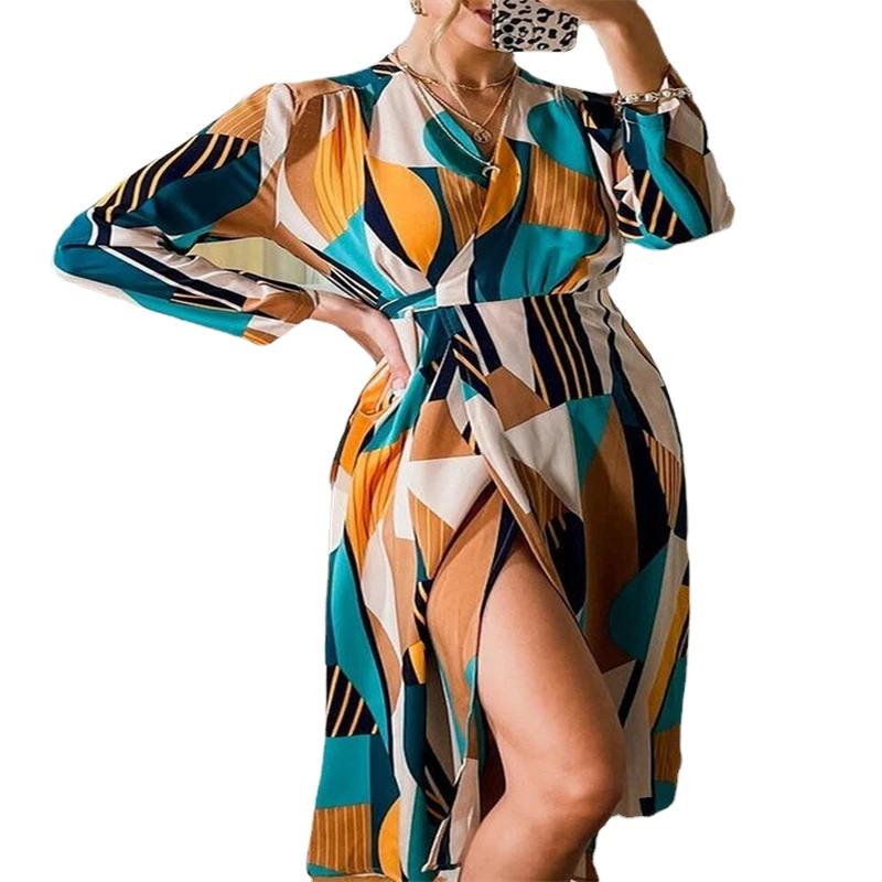 

Spring Long Dress Female Geometry Print Sexy V-neck Long-sleeved Beach Vacation High Split Dress Ladies Lace Up Wrap Party Dress