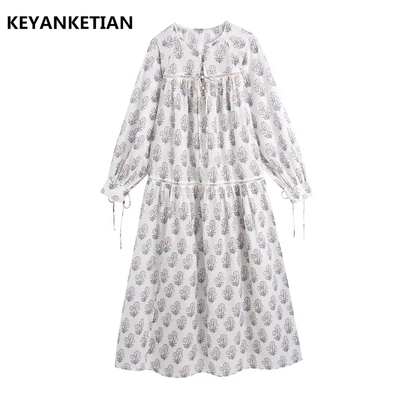 

KEYANKETIAN Spring New Women's Bohemian Print Dress Hollowed-Out Lace-Up Loose Version Of Lotus Border A-Line MIDI Skirt