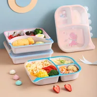 Bamboo Fiber Square Children's Tableware With Cover Baby Grid Dinner Plate Dinosaur Pattern Feeding Plate