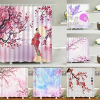 waterproof polyester shower curtains japanese style plum flowers woman girl decor multi size shower curtains for bathroom bano