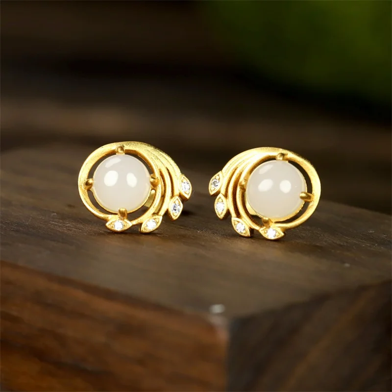 

Hot Selling Natural Hand-carved White Jade 925 Silver Gufajin Inlaid Earrings Studs Fashion Jewelry Accessories Women LuckGifts1