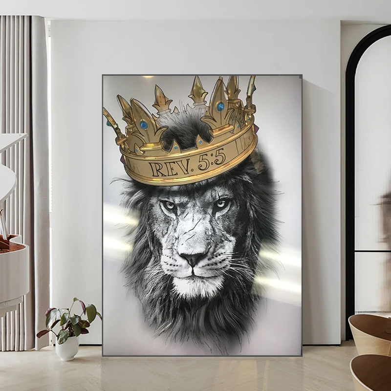 

Lion King With Crown Luxury Canvas Prints Poster Animal Black White Painting Modern Wall Art Picture For Living Room Home Decor