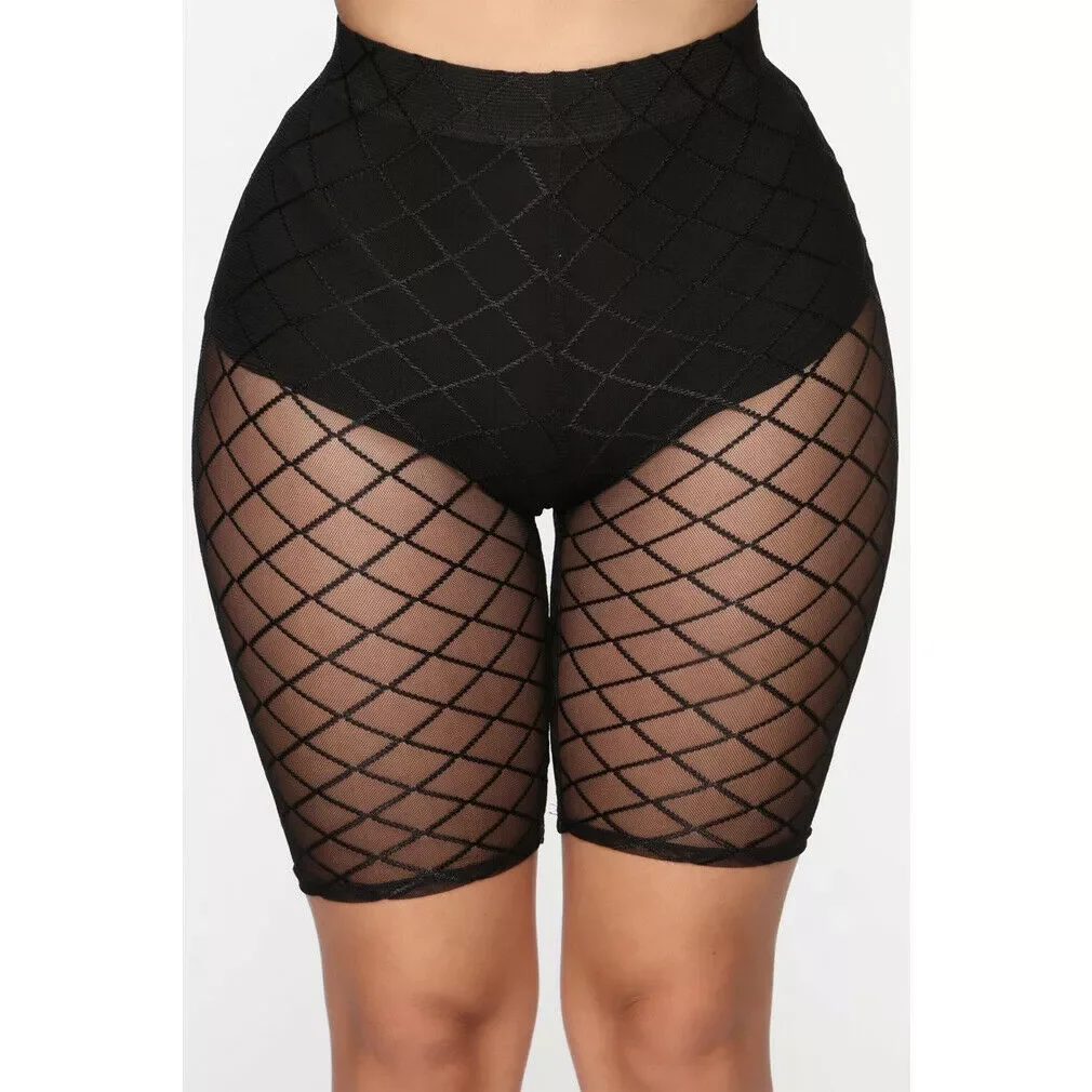 

2019 Women Fishnet High Waist Shorts Fashion Mesh Sheer See Through Hollow Legging Shorts Swimwear Casual Skinny Trousers