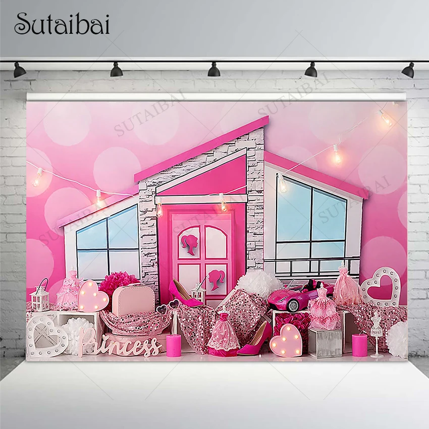 

Фон для студийной фотосъемки с изображением принцессы, вечеринки в честь Дня Рождения, розового дома, платья с блестящими точками, украшение торта для девочек, реквизит для детской портретной съемки