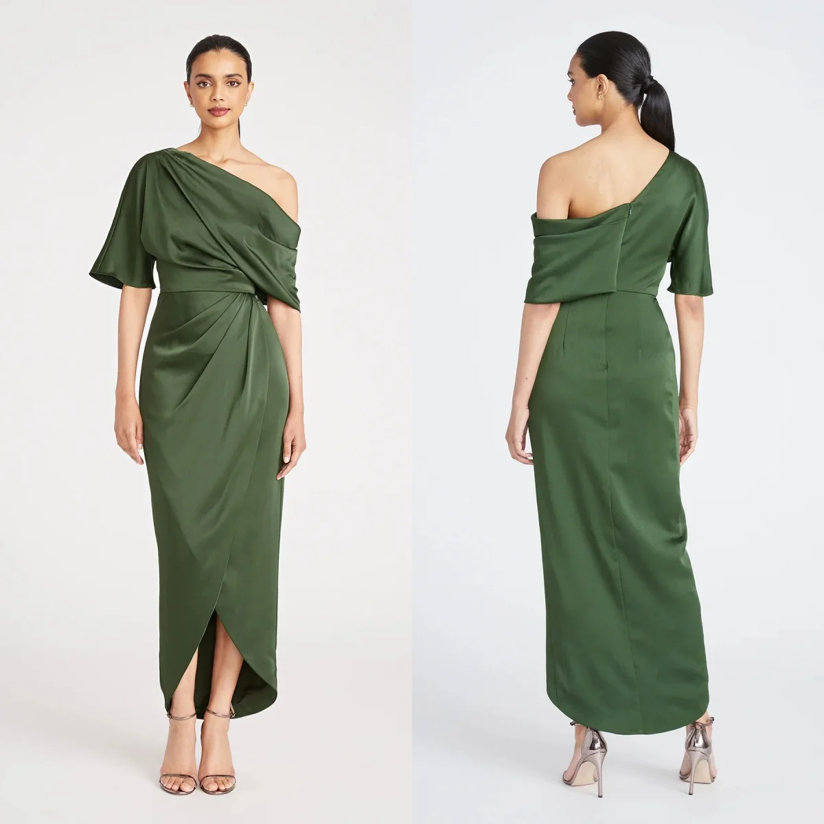 Винтажные изумрудные вечерние платья на одно плечо с короткими рукавами женские