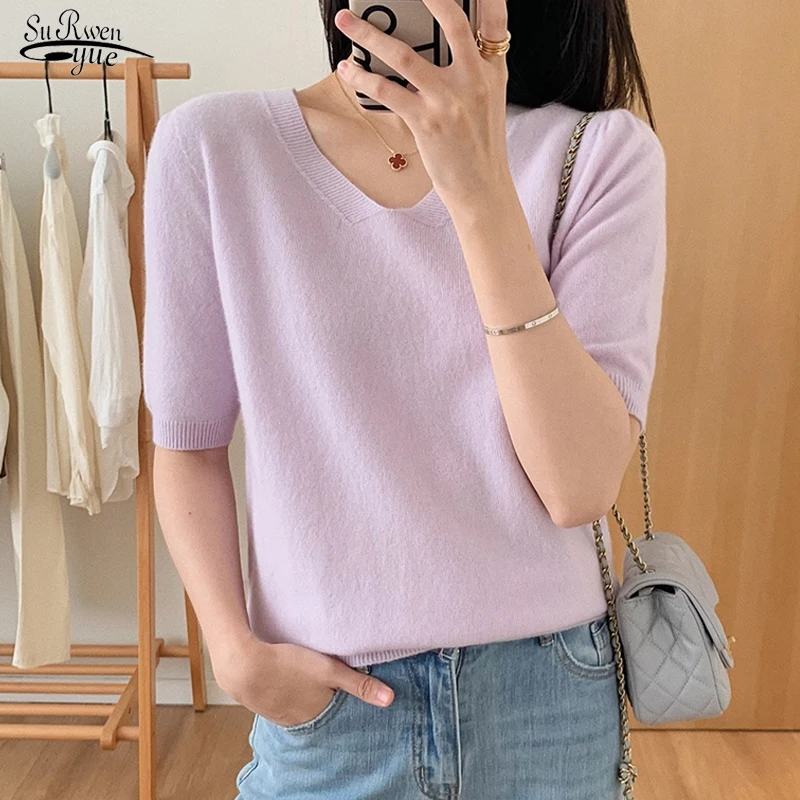 

2022 V-neck Wool Knitted Blouse Women Short Sleeve Loose Sweater Tops Spring Summer Casual Knitwear Pullover Soft Shirts 18855