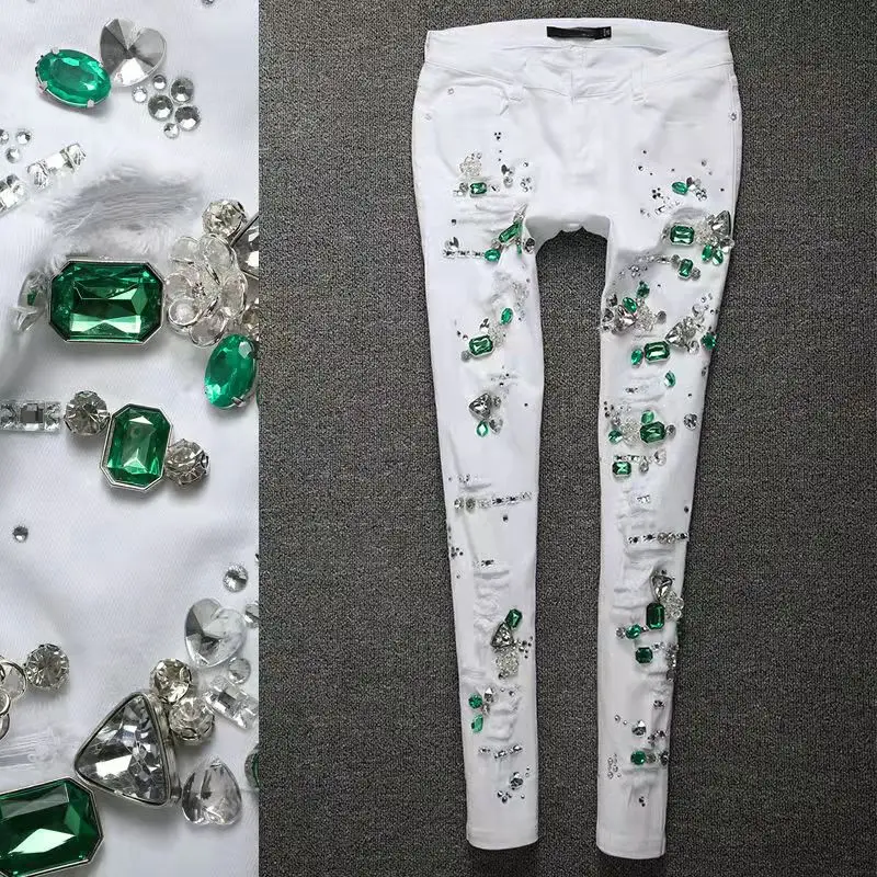 High-end design white denim pants green diamonds skinny stretch pencil pants ripped low waist ankle length pants