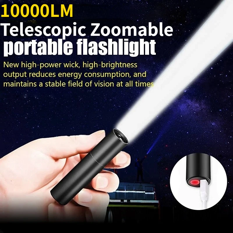 

Миниатюрная светодиодная вспышка с зарядкой от USB, мощный телескопический сильный светильник с сильной фокусировкой XHP50, уличный аварийный ...
