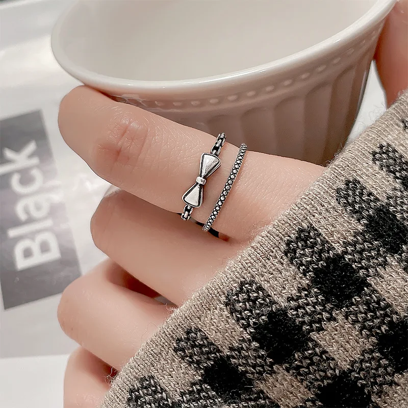 

PANJBJ Silver Color Double Layers Bowknot Open Ring for Women Girl Birthday Gift Vintage Hip Hop Charm Jewelry Dropshipping