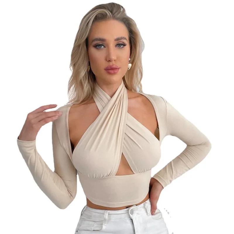 

New Halter Neck Cropped Tops For Women Summer Ribbed Sexy Cross Shirts Stretchy Long Sleeve Cutout Front Vest Top Blouses Female