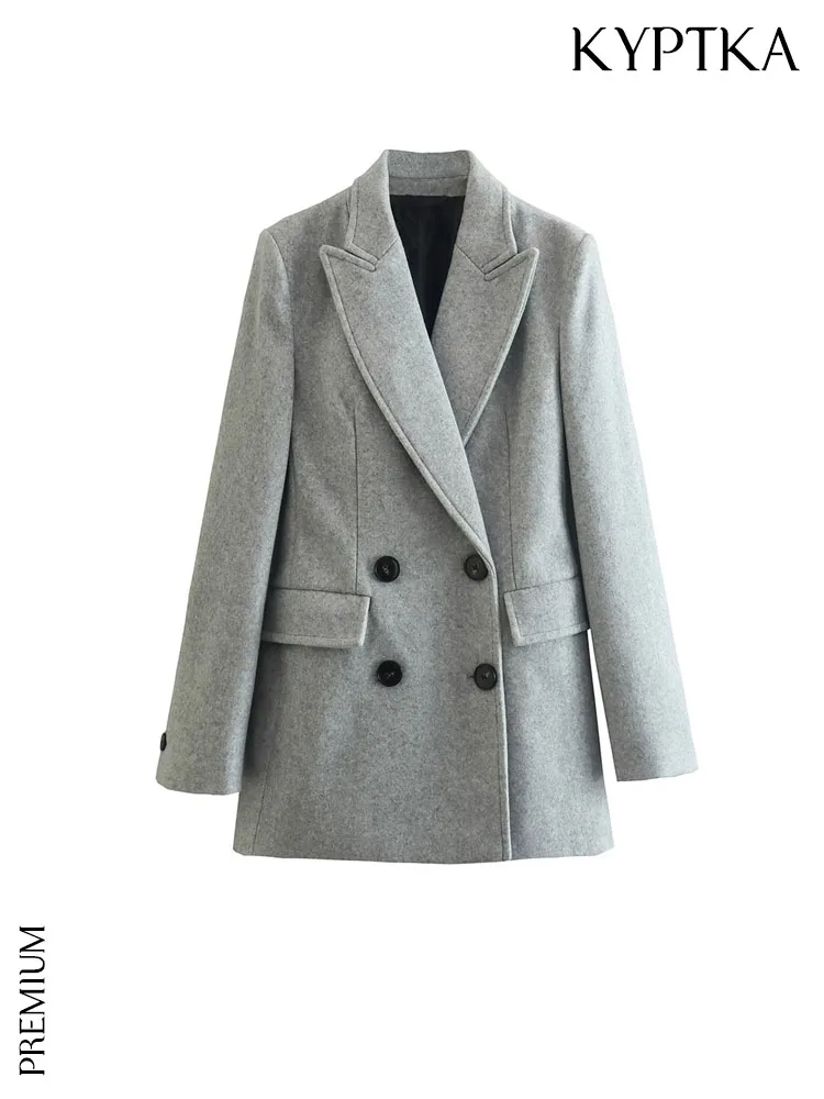 

KYPTKA Women Fashion Double Breasted Blazer Coat Vintage Long Sleeve Flap Pockets Female Outerwear Chic Vestes Femmes